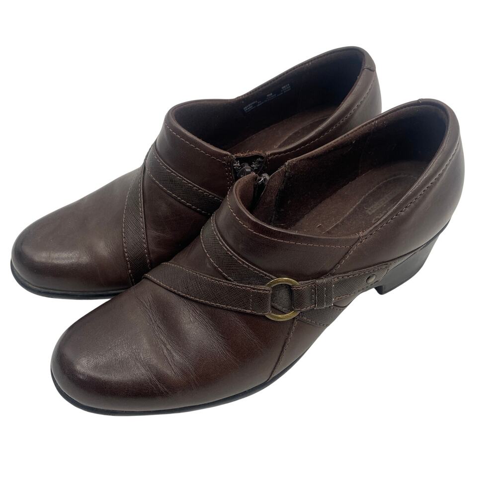 Clarks Leather Block Heel Bootie Side Zipper Brown Comfort Shoes Womens size 9